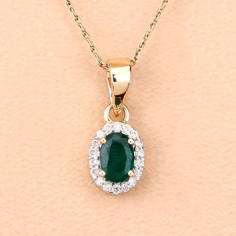 0.81 Carat Genuine Zambian Emerald and White Diamond 14K Yellow Gold Pendant