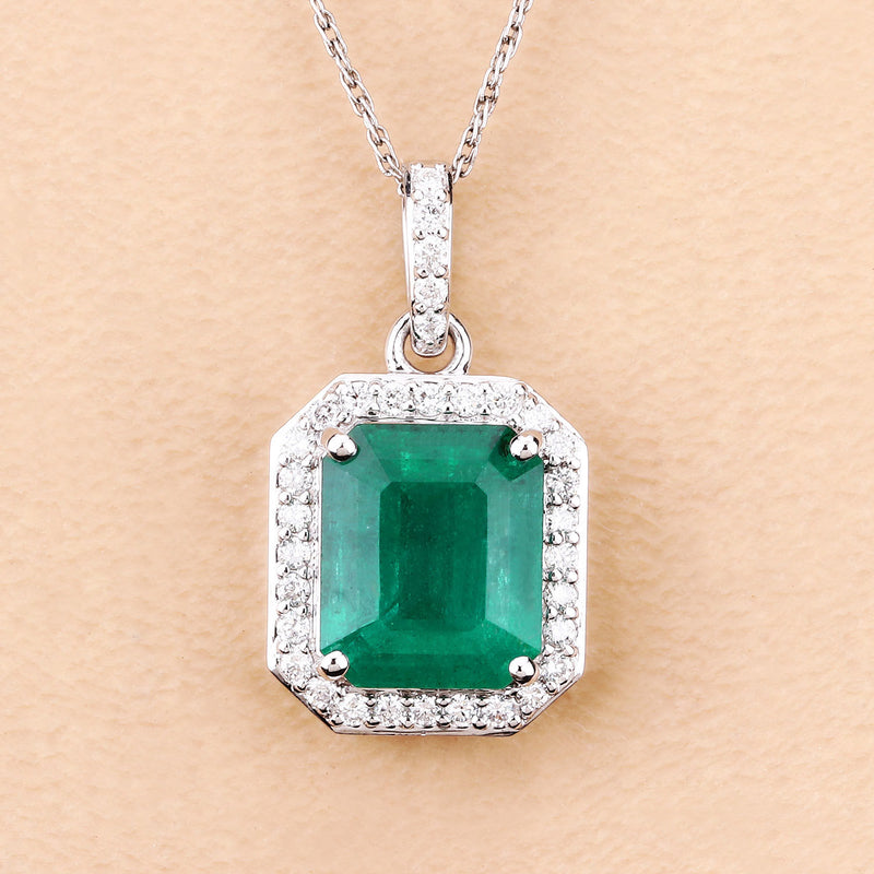 IGI Certified 3.38 Carat Genuine Zambian Emerald and White Diamond 14K White Gold Pendant