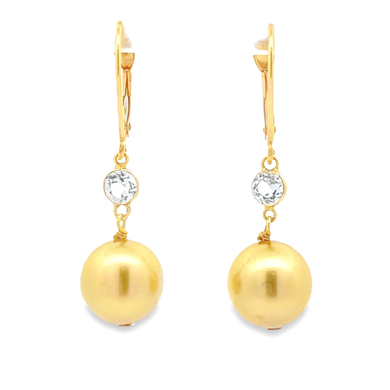 Pearl White Topaz Dangle Earrings 14KT Yellow Gold