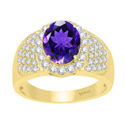 V3 Jewelry Natural Amethyst & White Topaz 18K Gold plated Sterling Silver Halo Ring