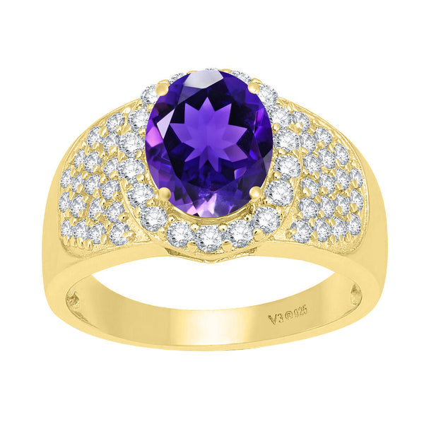 V3 Jewelry Natural Amethyst & White Topaz 18K Gold plated Sterling Silver Halo Ring