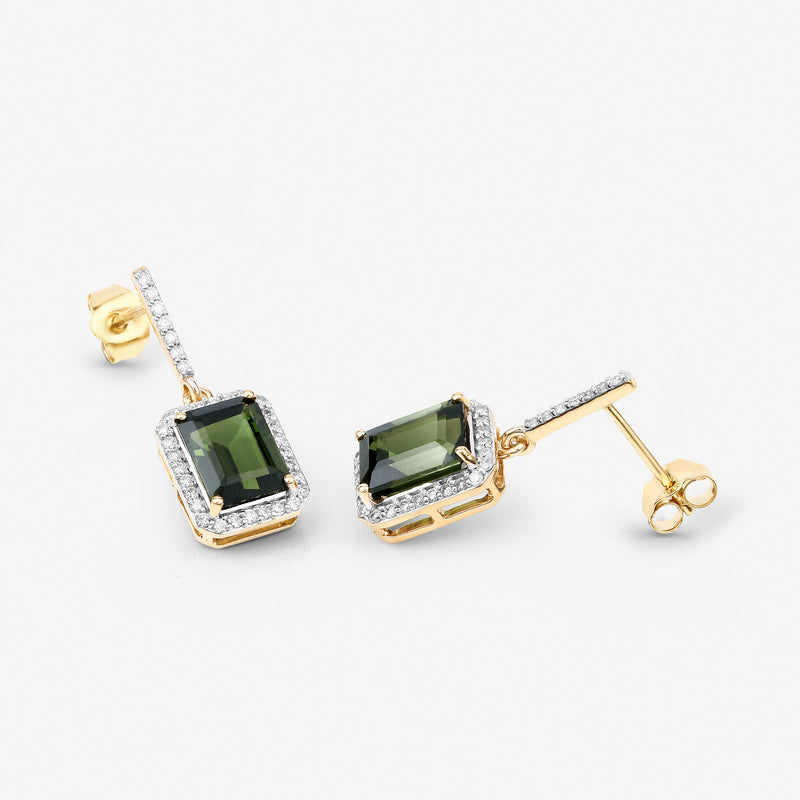 3.56 Carat Genuine Green Tourmaline and White Diamond 14K Yellow Gold Earrings