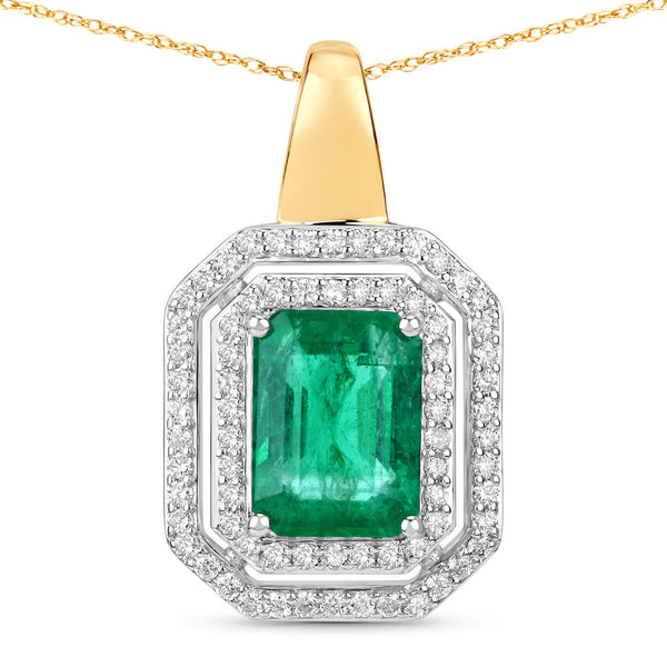 IGI Certified 2.37 Carat Genuine Zambian Emerald and White Diamond 14K Yellow & White Gold Pendant