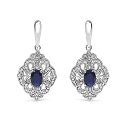 .925 Sterling Silver 6x4 MM Oval Blue Sapphire and White Diamond Accent Art Deco Style Shield Dangle Earring (I-J Color, I3 Clarity)