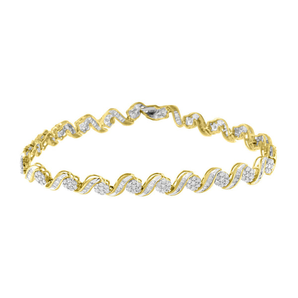 10k Yellow Gold 3.00 Cttw Round-Cut and Baguette-Cut Diamond Floral Link 7.50" Bracelet (J-K Color, I1-I2 Clarity)