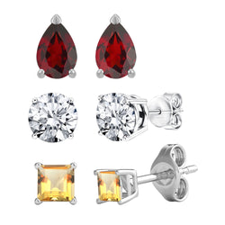 V3 Jewelry Sterling Silver Set of 3 -Natural Citrine, White Topaz and Garnet Stud Earrings