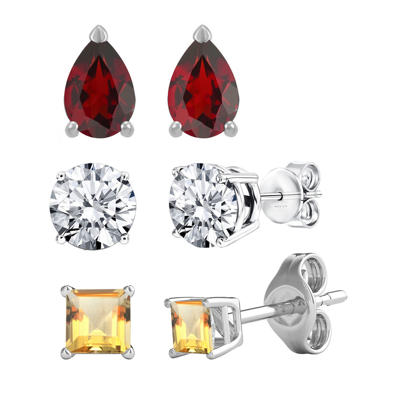 V3 Jewelry Sterling Silver Set of 3 -Natural Citrine, White Topaz and Garnet Stud Earrings