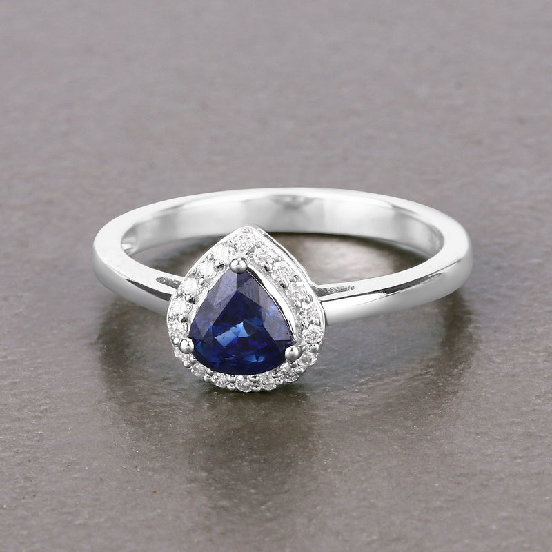 0.73 Carat Genuine Blue Sapphire and White Diamond 14K White Gold Ring