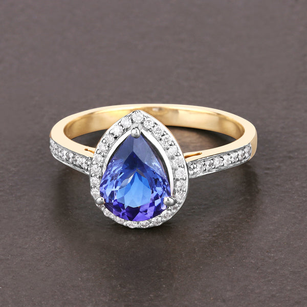 1.69 Carat Genuine Tanzanite and White Diamond 14K Yellow Gold Ring