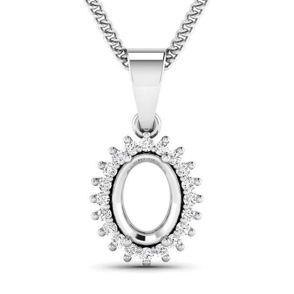 0.13 Carat Genuine White Diamond 14K White Gold Semi Mount Pendant - holds 8x6mm Oval Gemstone