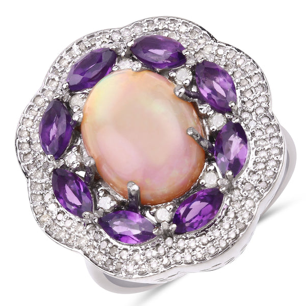 4.99 Carat Genuine Amethyst, Opal and White Diamond .925 Sterling Silver Ring