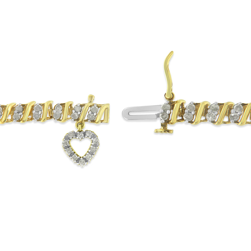 10K Yellow Gold 2.0 Cttw Diamond 2 Row Link and Heart Charm 7" Link Bracelet (I-J Color, I3 Clarity)