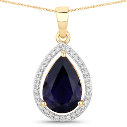 2.28 Carat Genuine Iolite and White Diamond 14K Yellow Gold Pendant