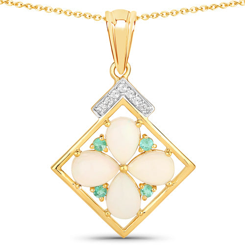 1.59 Carat Genuine Ethiopian Opal, Zambian Emerald and White Topaz .925 Sterling Silver Pendant