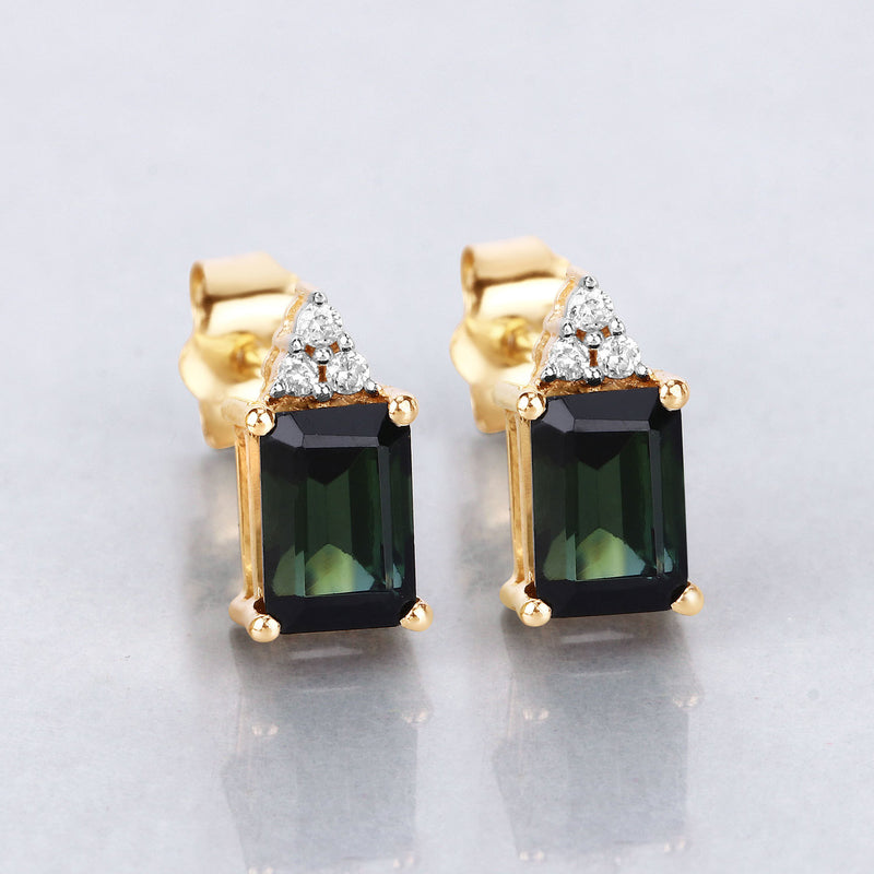 1.25 Carat Genuine Green Tourmaline and White Diamond 14K Yellow Gold Earrings