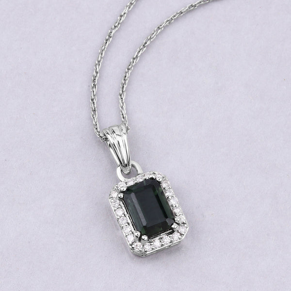 1.19 Carat Genuine Green Tourmaline and White Diamond 14K White Gold Pendant