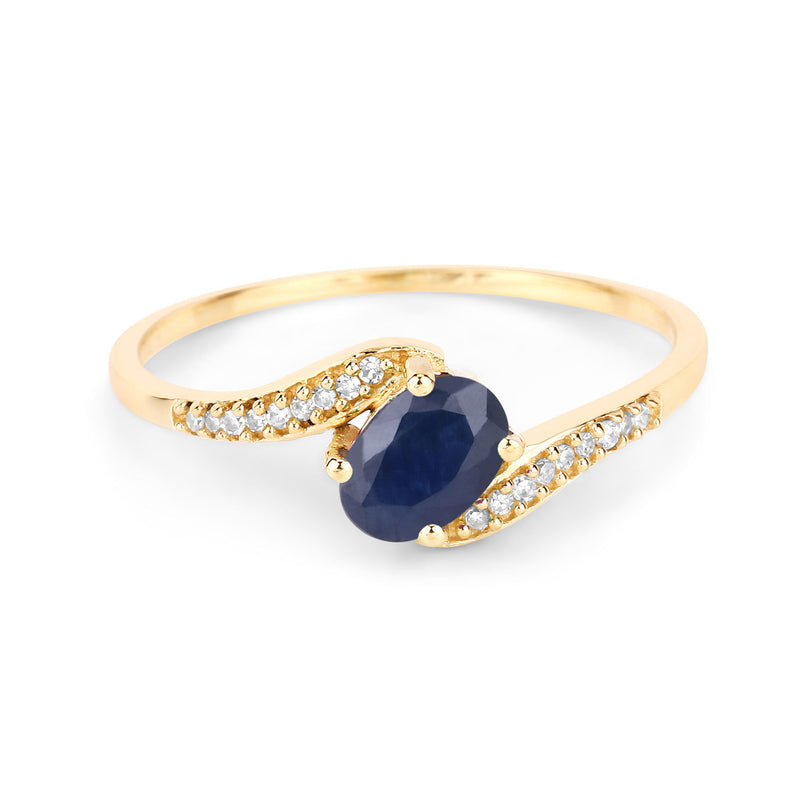 0.53 Carat Genuine Blue Sapphire and White Diamond 14K Yellow Gold Ring