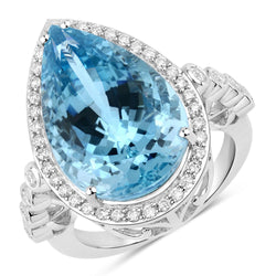 13.42 Carat Genuine Aquamarine and White Diamond 14K White Gold Ring