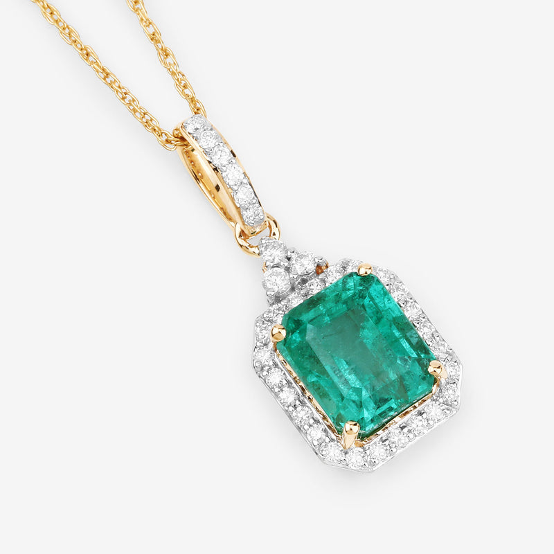 IGI Certified 2.37 Carat Genuine Zambian Emerald and White Diamond 14K Yellow Gold Pendant