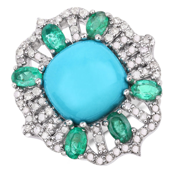 7.70 Carat Genuine Emerald, Turquoise and White Diamond .925 Sterling Silver Ring