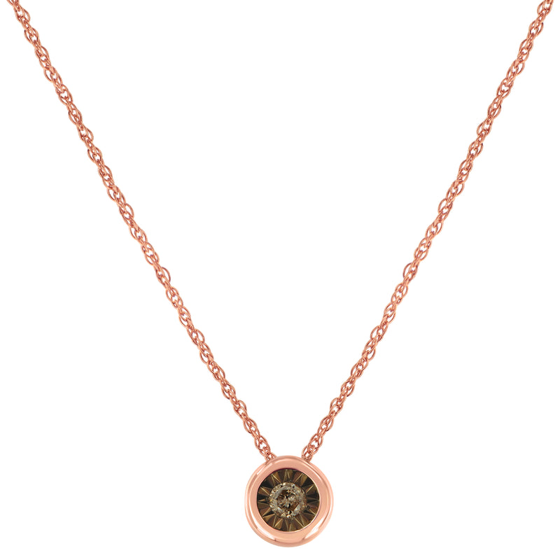 10K Rose Gold over .925 Sterling Silver 1/10 Carat Diamond 18" Round Miracle-Plate Two-Tone Pendant Necklace (K-L Champagne Color, I2-I3 Clarity)