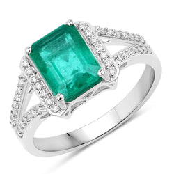 IGI Certified 2.44 Carat Genuine Zambian Emerald and White Diamond 14K White Gold Ring