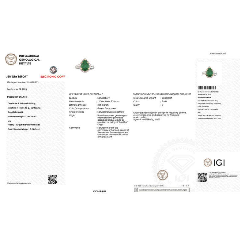 IGI Certified 2.83 Carat Genuine Zambian Emerald and White Diamond 14K Yellow & White Gold Ring