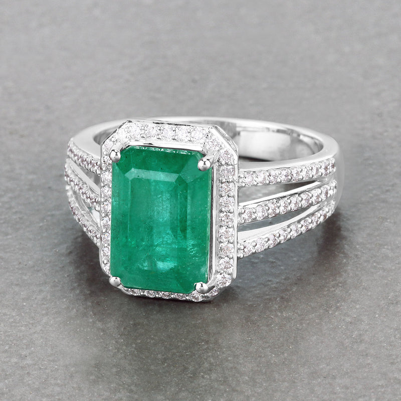 IGI Certified 4.61 Carat Genuine Zambian Emerald and White Diamond 14K White Gold Ring