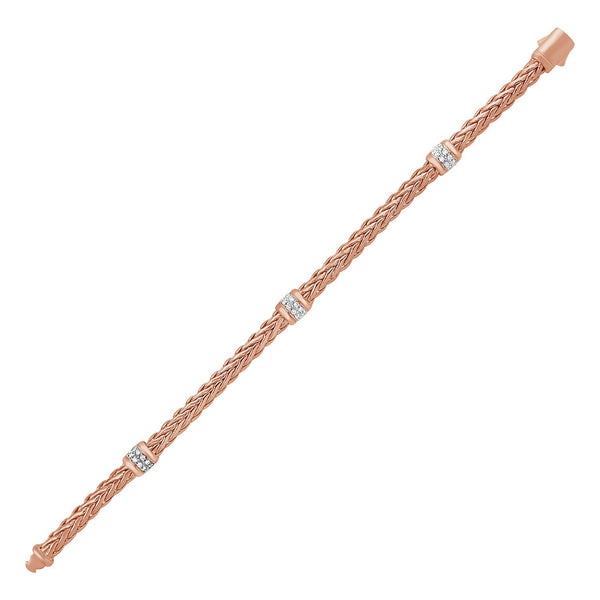 Polished Woven Rope Bracelet with Diamond Accents in 14k Rose Gold