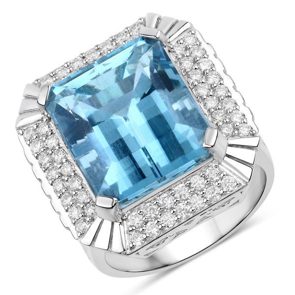 13.924 Carat Genuine Aquamarine and White Diamond 14K White Gold Ring