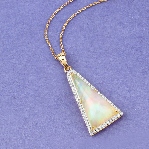 4.34 Carat Genuine Ethiopian Opal and White Diamond 14K Yellow Gold Pendant