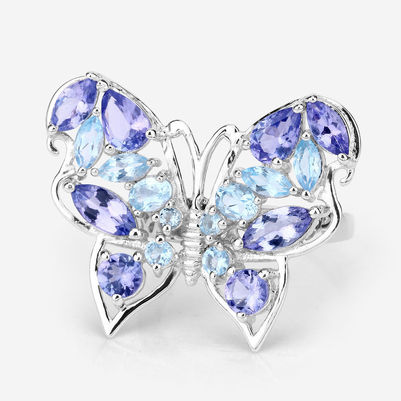 3.60 Carat Genuine Tanzanite and Swiss Blue Topaz .925 Sterling Silver Ring
