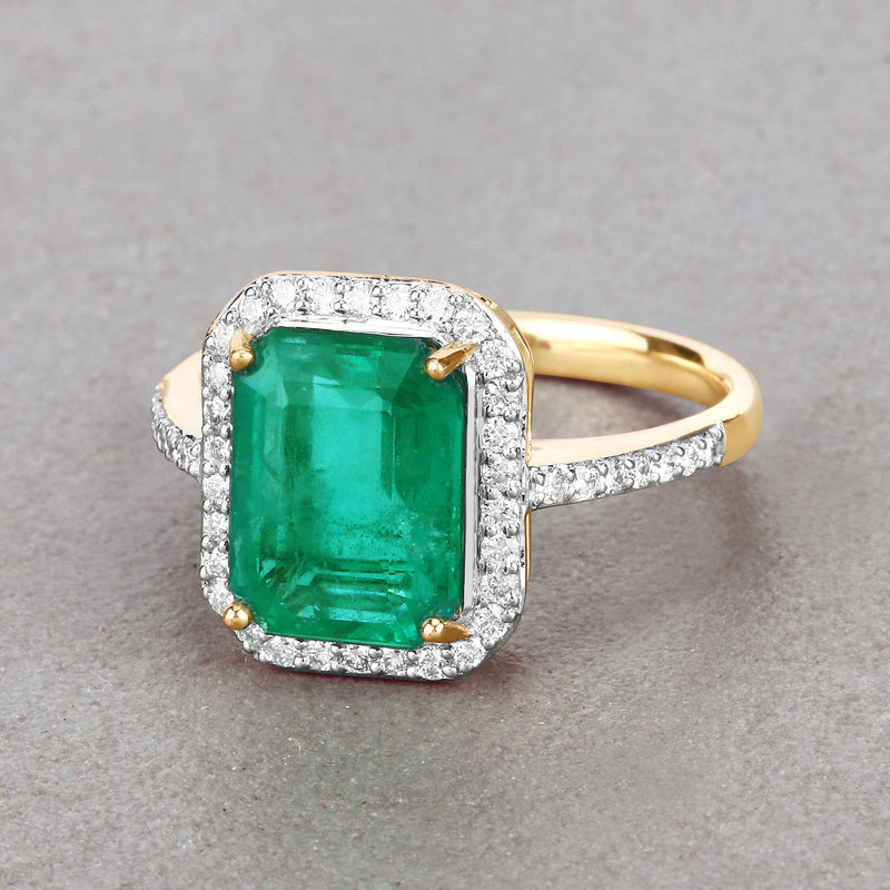 IGI Certified 3.75 Carat Genuine Zambian Emerald and White Diamond 14K Yellow Gold Ring