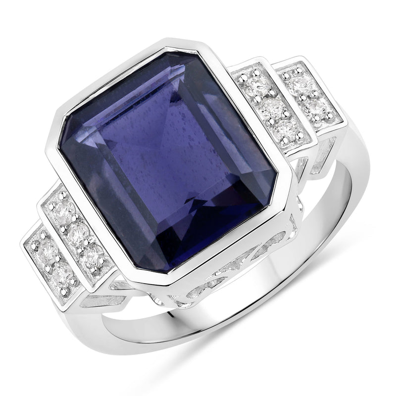 4.27 Carat Genuine Iolite and White Diamond 14K White Gold Ring