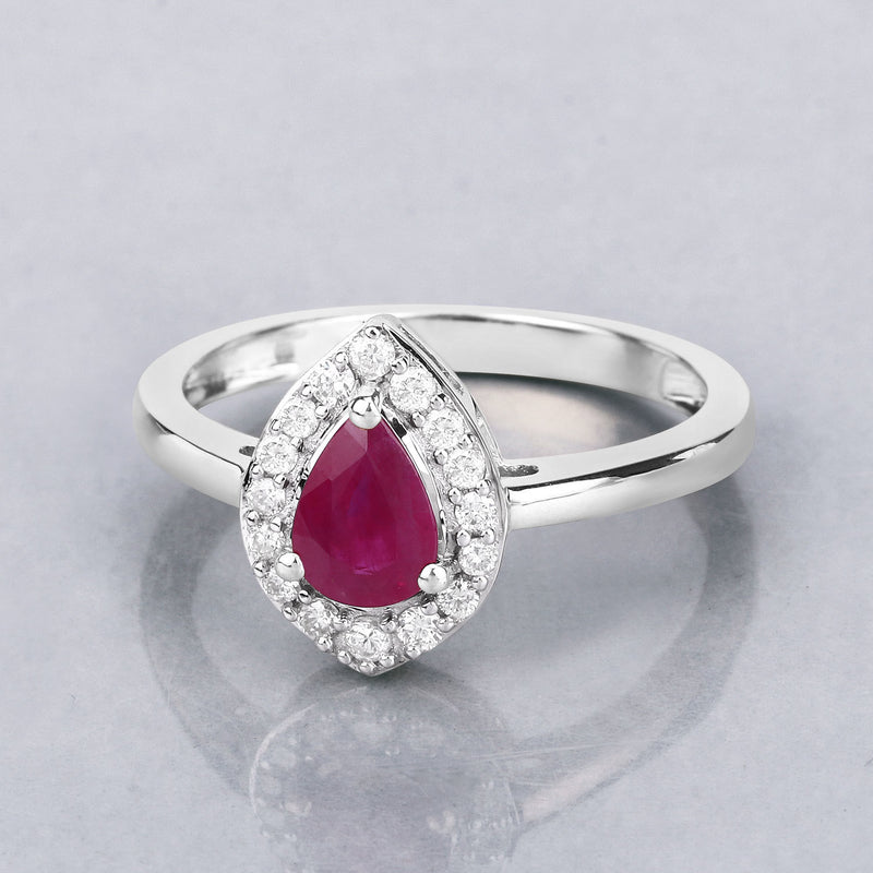 0.92 Carat Genuine Ruby and White Diamond 14K White Gold Ring