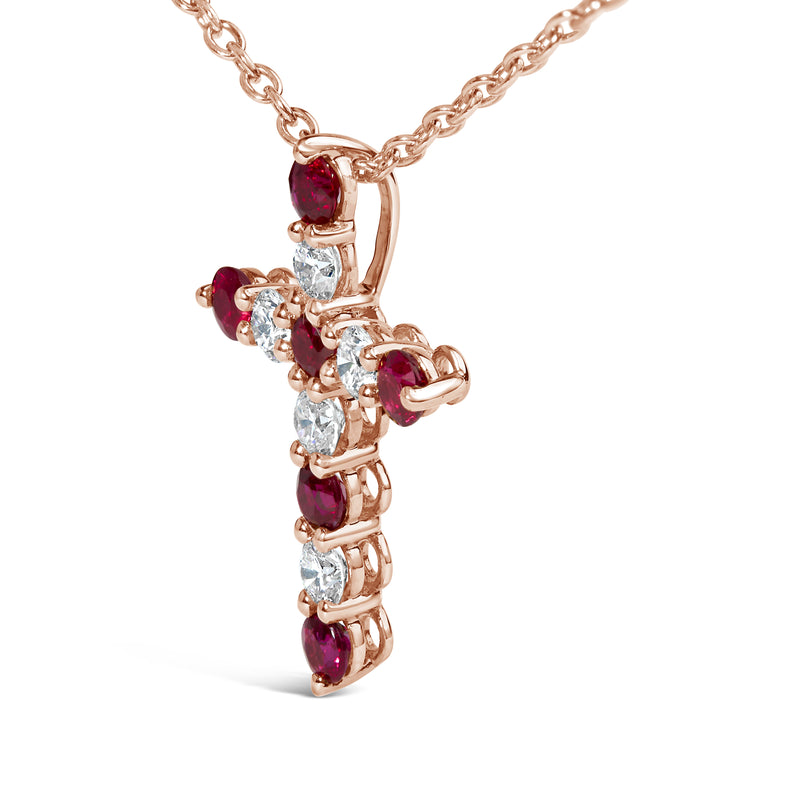 18K Rose Gold 1/2 Cttw Diamond and 2.9MM Round Red Ruby 11 Stone Cross 18" Pendant Necklace (F-G Color, VS2-SI1 Clarity)