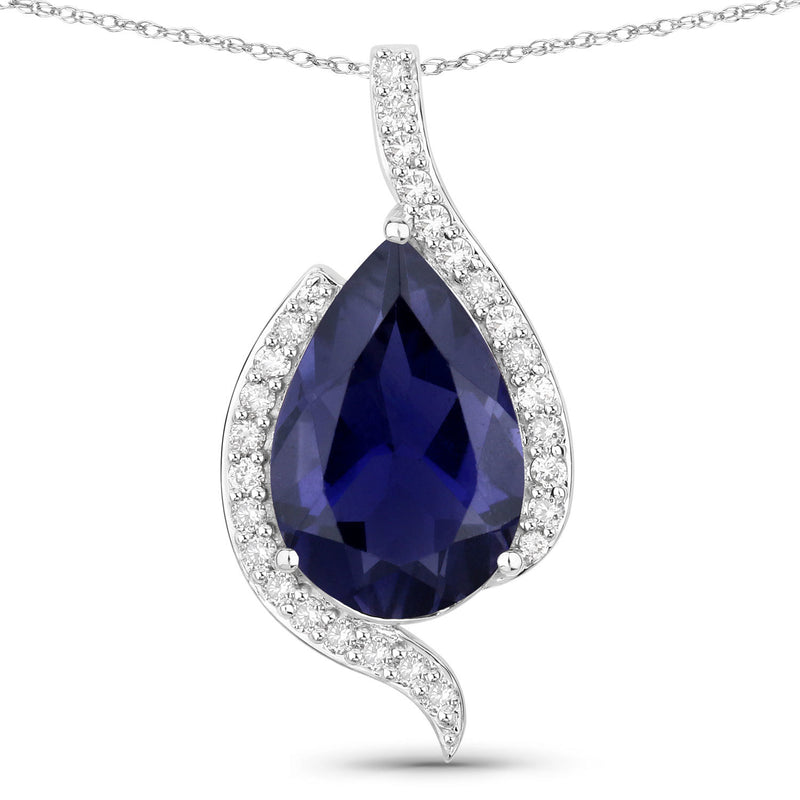 3.40 Carat Genuine Iolite and White Diamond 14K White Gold Pendant