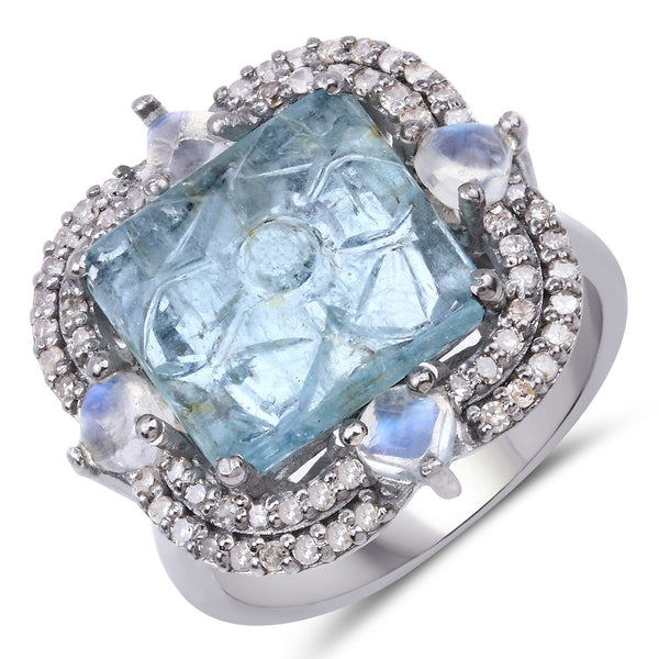 6.85 Carat Genuine Rainbow, Blue Topaz and White Diamond .925 Sterling Silver Ring