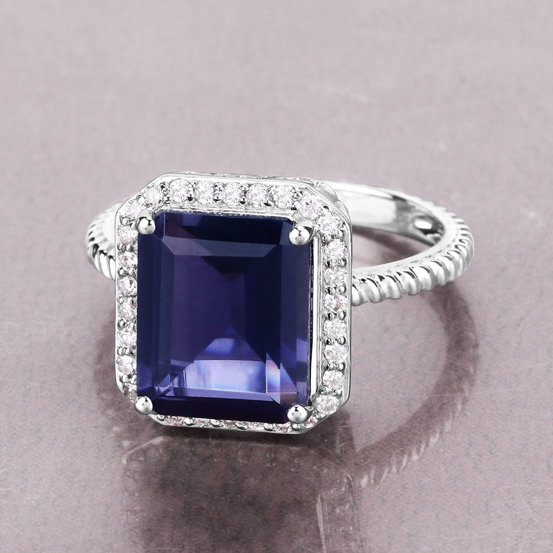 3.65 Carat Genuine Iolite and White Diamond 14K White Gold Ring