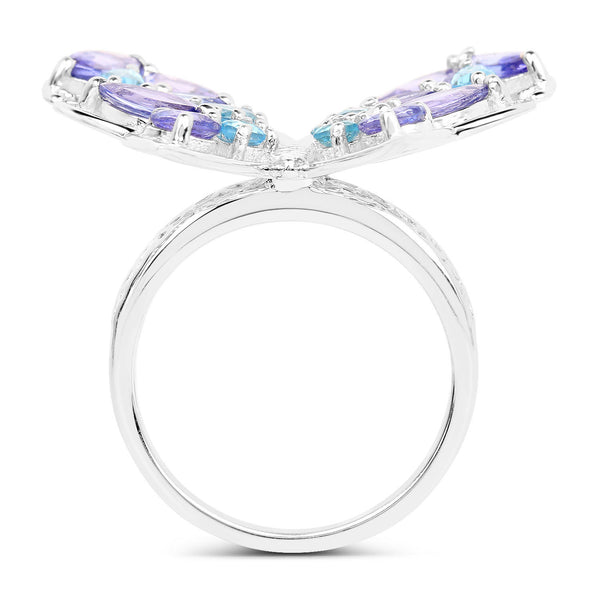 3.60 Carat Genuine Tanzanite and Swiss Blue Topaz .925 Sterling Silver Ring