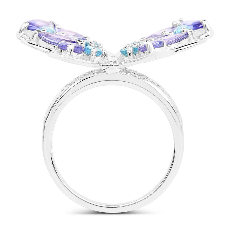 3.60 Carat Genuine Tanzanite and Swiss Blue Topaz .925 Sterling Silver Ring