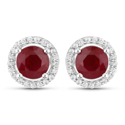 1.50 Carat Genuine Ruby and White Diamond 14K White Gold Earrings