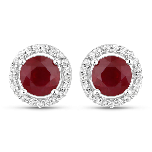 1.50 Carat Genuine Ruby and White Diamond 14K White Gold Earrings