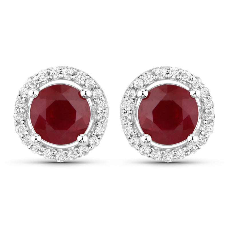 1.50 Carat Genuine Ruby and White Diamond 14K White Gold Earrings