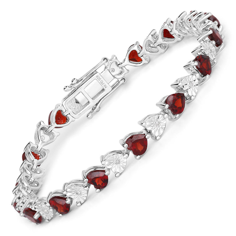 7.64 Carat Genuine Garnet and White Diamond .925 Sterling Silver Bracelet