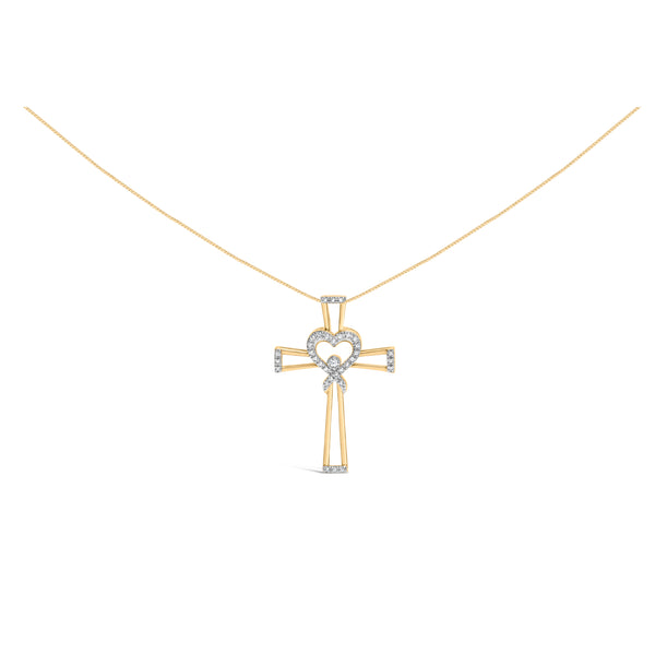 14K Yellow Gold Plated .925 Sterling Silver 1/6 Cttw Diamond Interlocking Heart and Ribbon Cross Pendant Necklace (H-I Color, I2-I3 Clarity) - 18" Inches