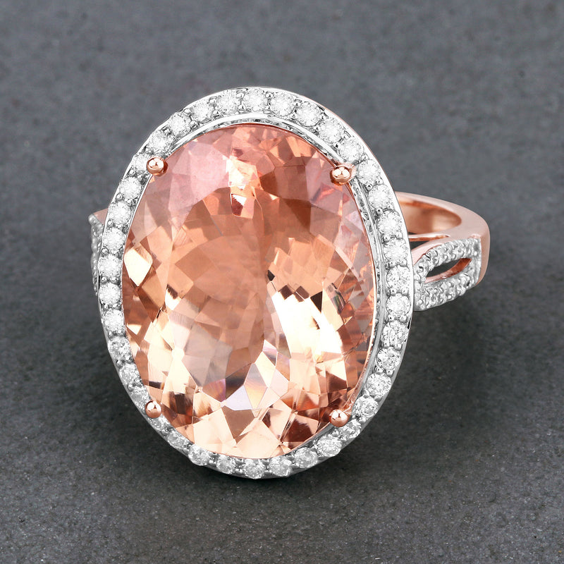 11.63 Carat Genuine Morganite and White Diamond 14K Rose Gold Ring