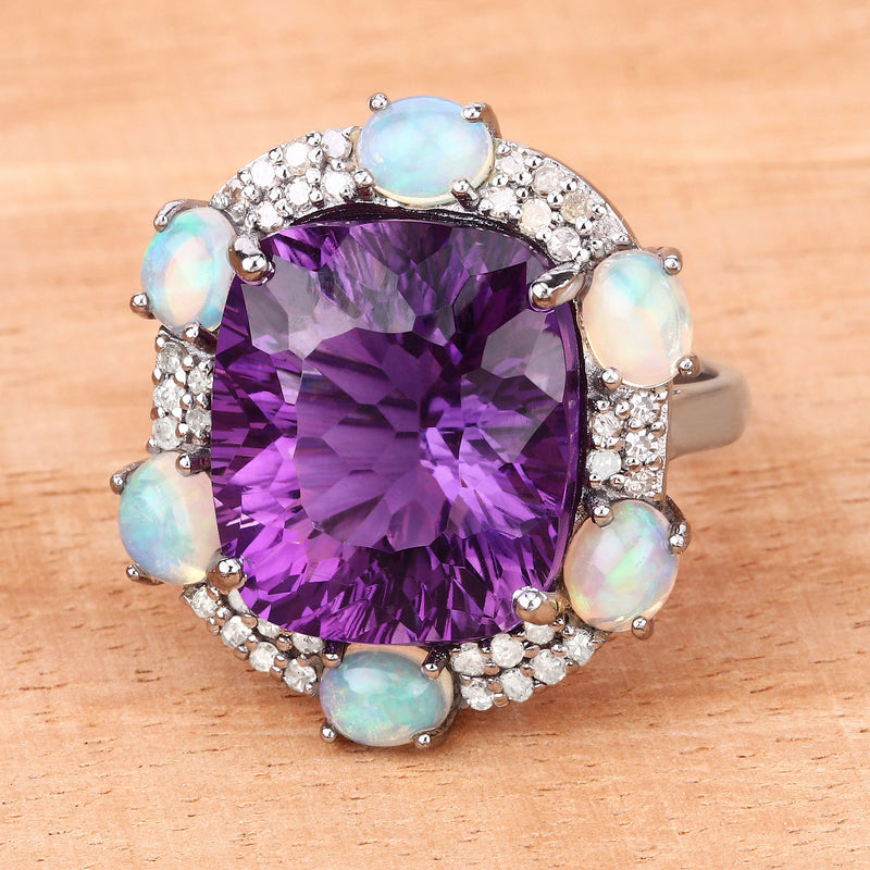 16.22 Carat Genuine Opal, Amethyst and White Diamond .925 Sterling Silver Ring