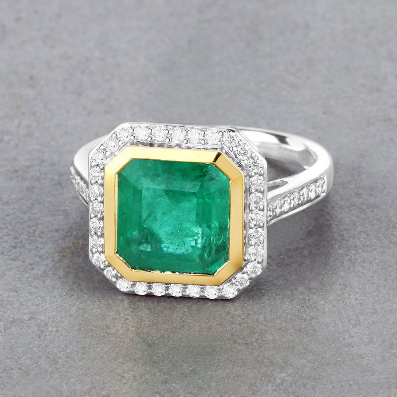 IGI Certified 3.78 Carat Genuine Zambian Emerald and White Diamond 14K Yellow & White Gold Ring