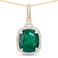 IGI Certified 8.95 Carat Genuine Zambian Emerald and White Diamond 14K Yellow Gold Pendant